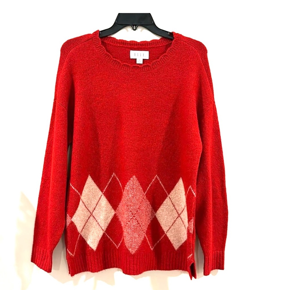 Elle Women's Red Argyle Long Sleeve Over sized Pullover Tunic Sweater Size‎ M